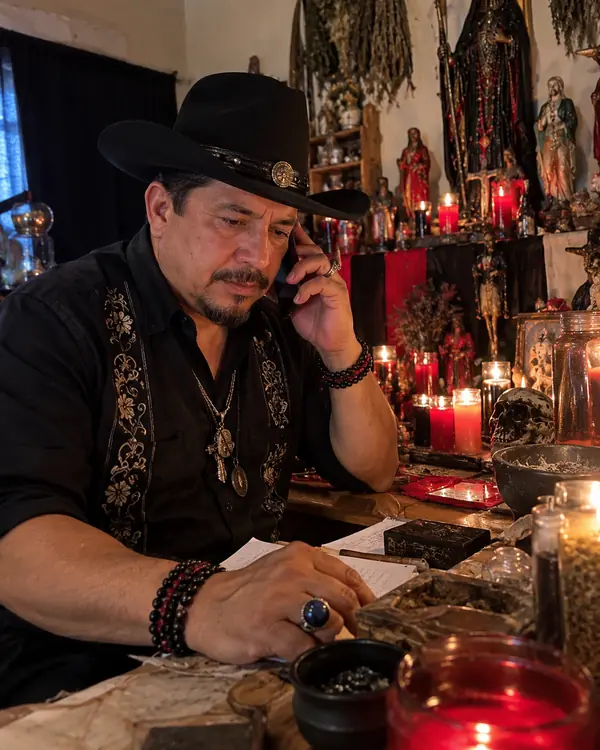 Maestro Elías Montenegro, brujo de México, atendiendo una consulta de amor por teléfono frente a su altar